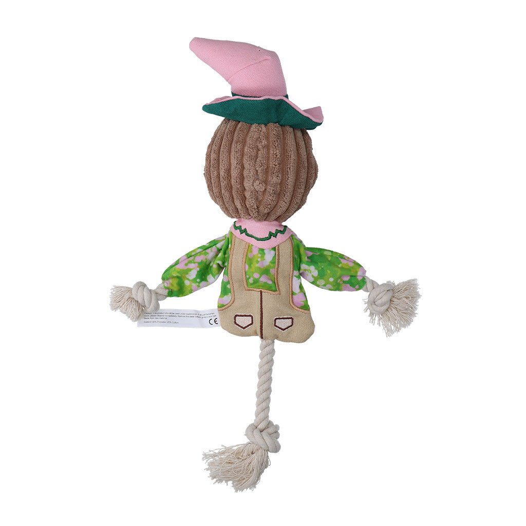 Toy figure with a pink hat and green outfit on a white background