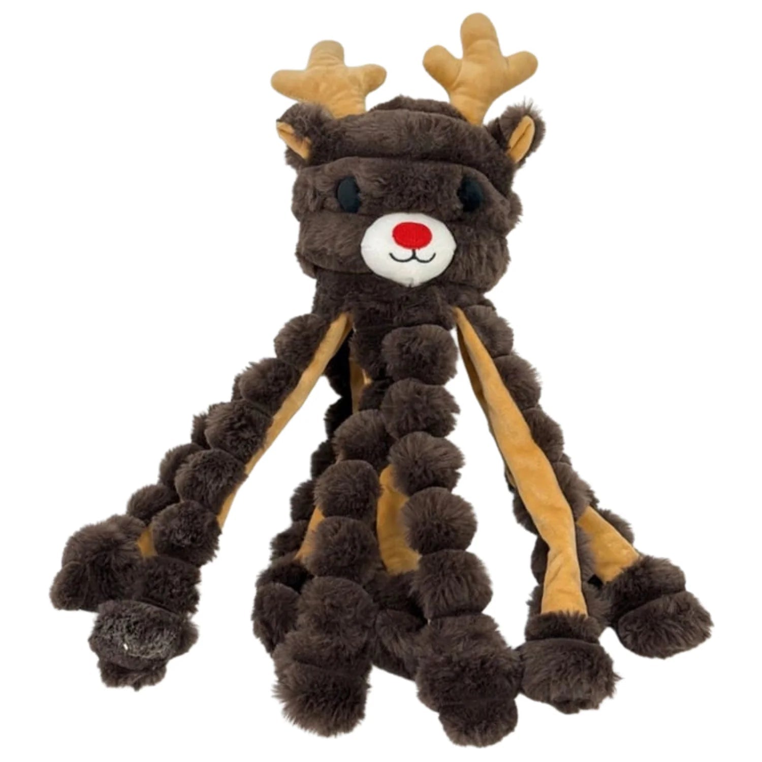 Plush reindeer toy with a braided tail on a white background