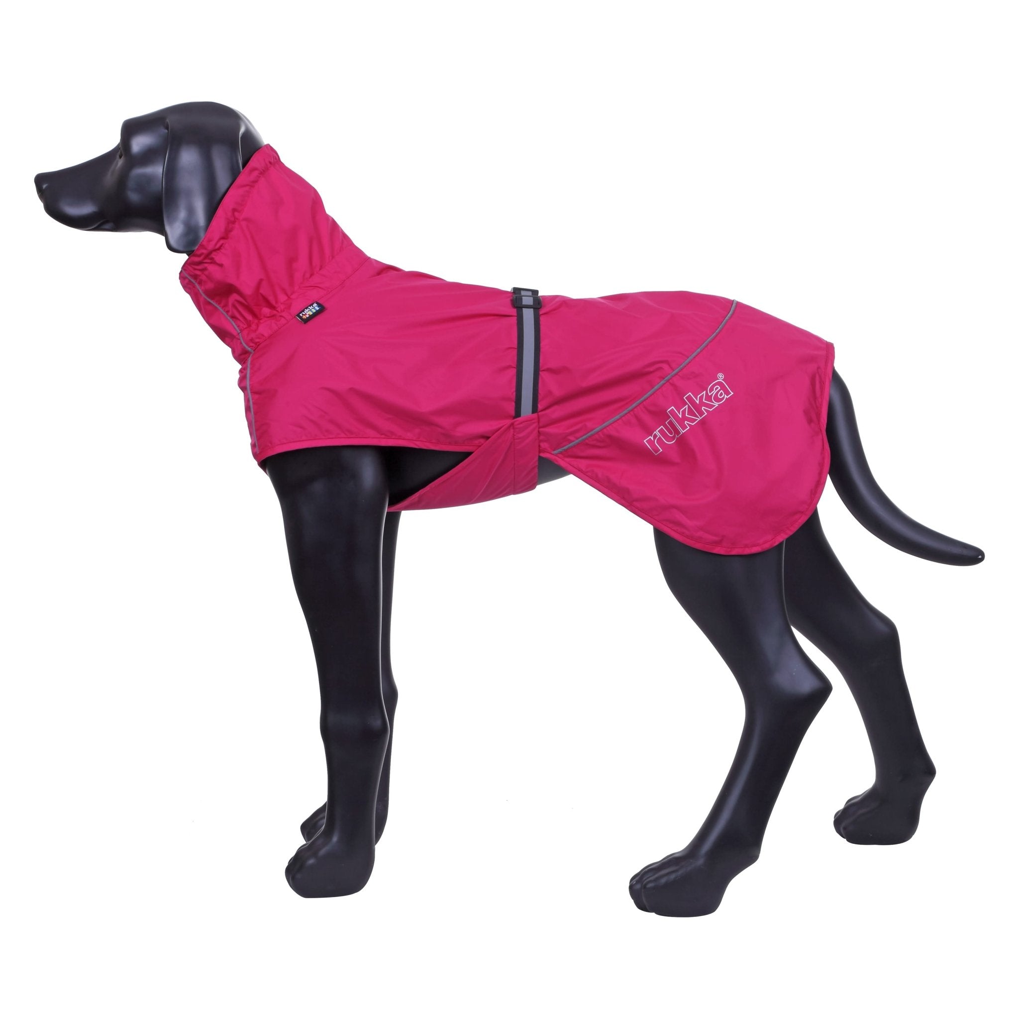 Pink dog raincoat on a black mannequin with a white background