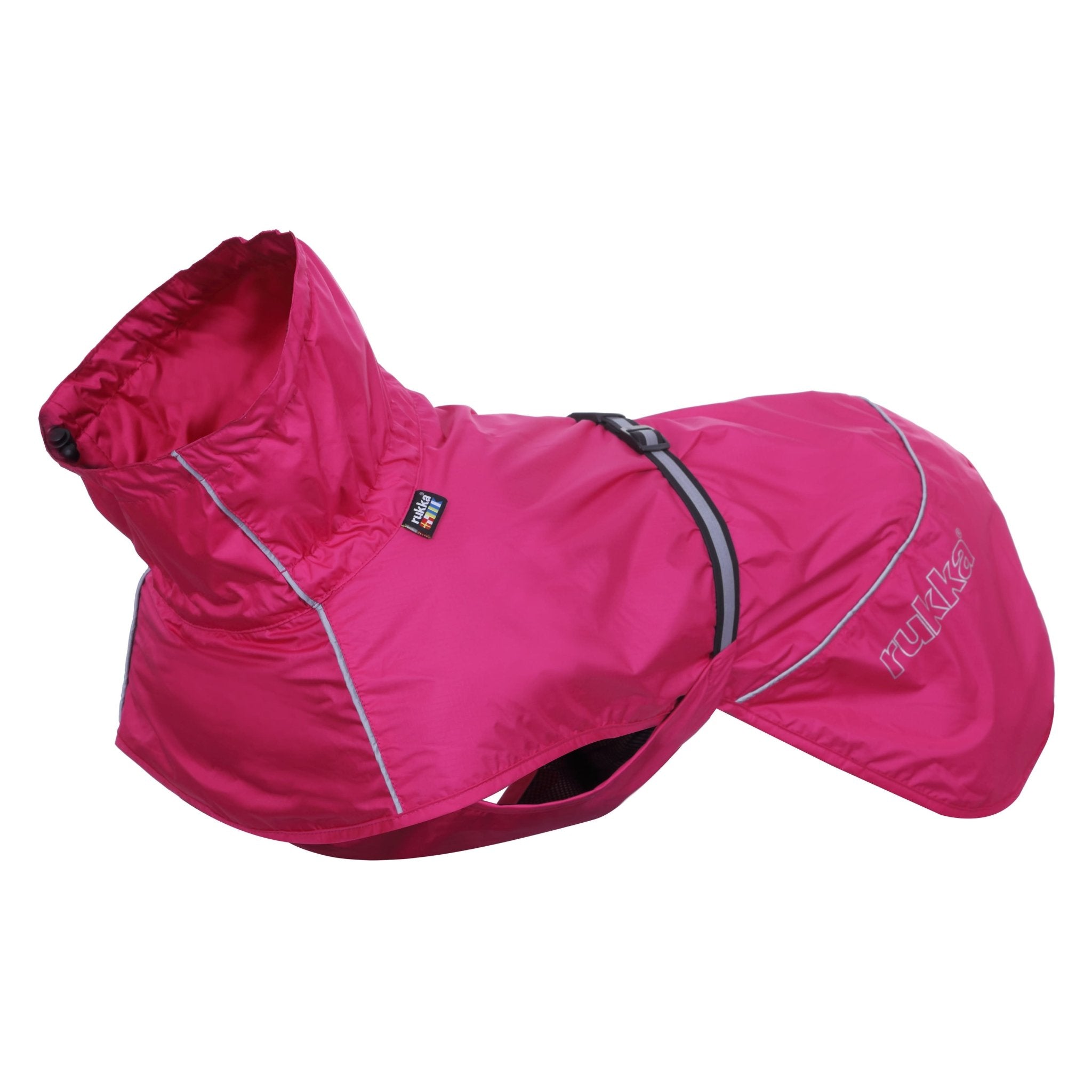 Pink dog raincoat with a brand logo on a white background
