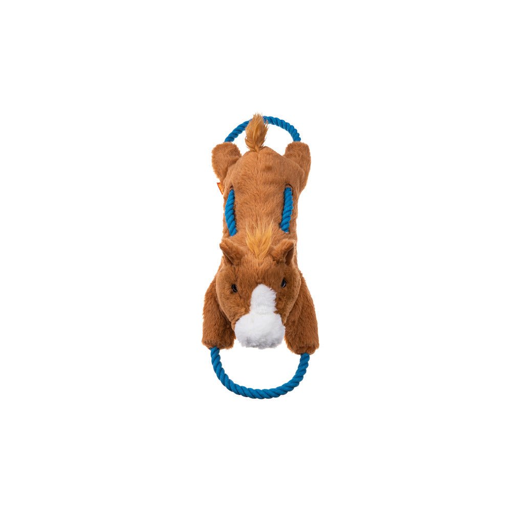 Plush horse toy with a blue rope on a white background