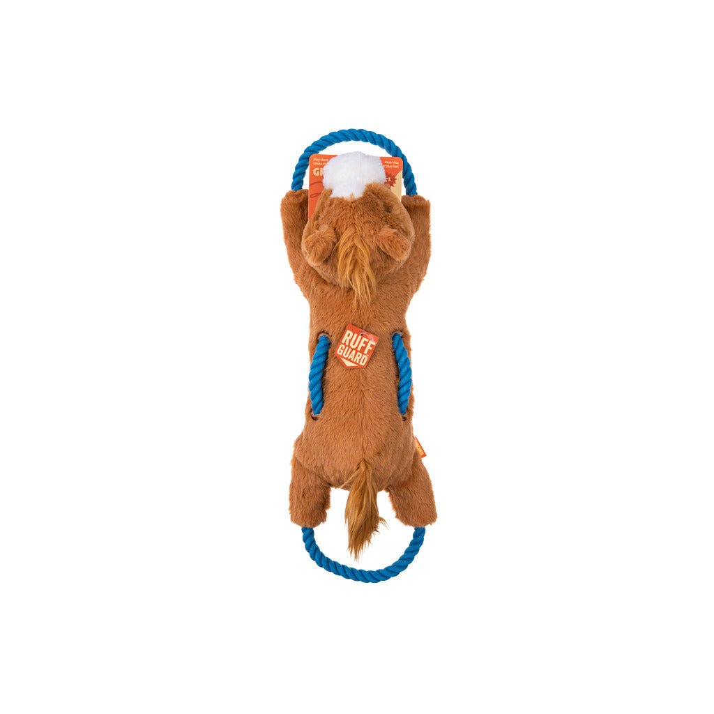 Dog toy resembling a bear with a blue rope handle on a white background