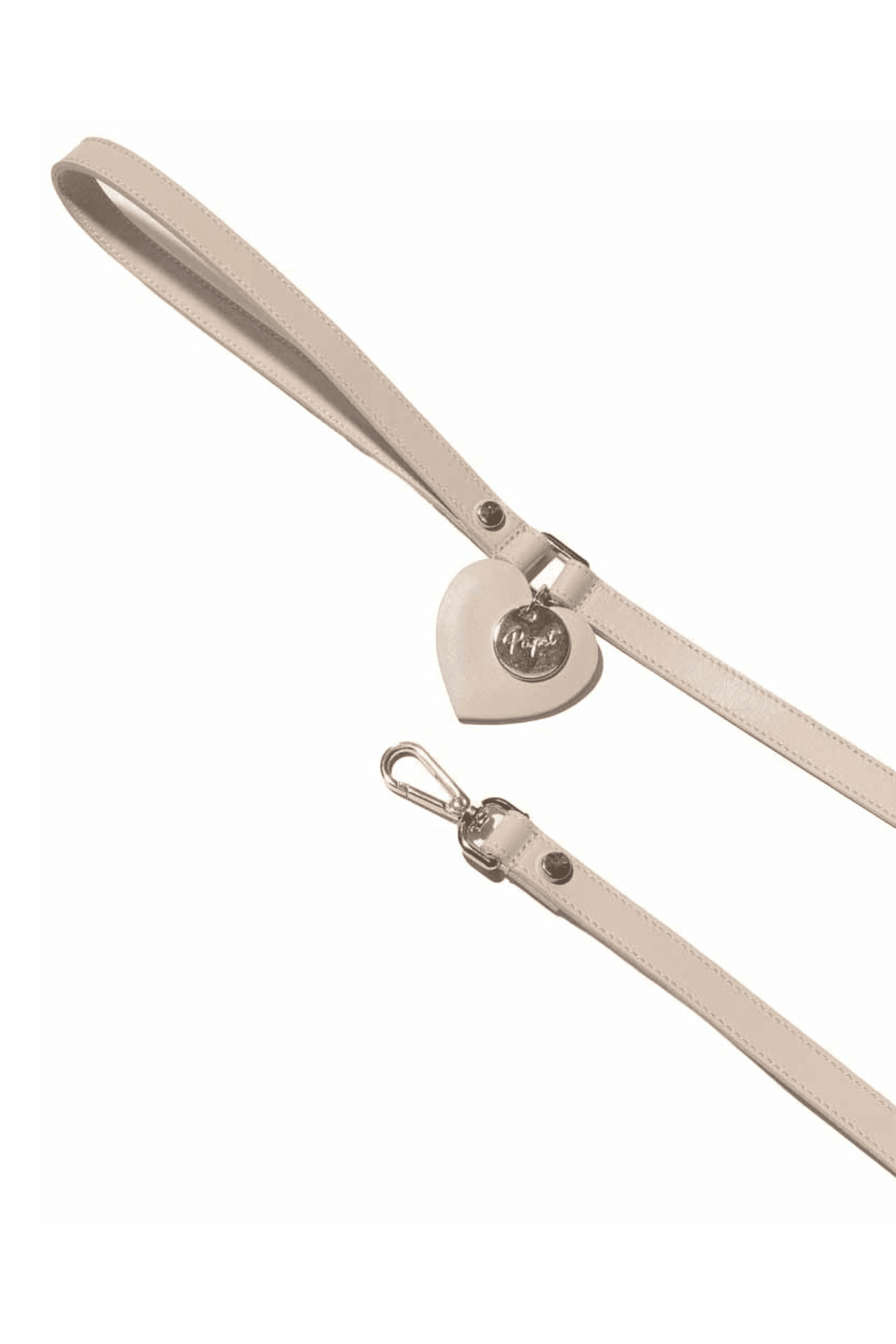 Beige leather dog leash with a heart-shaped tag on a white background