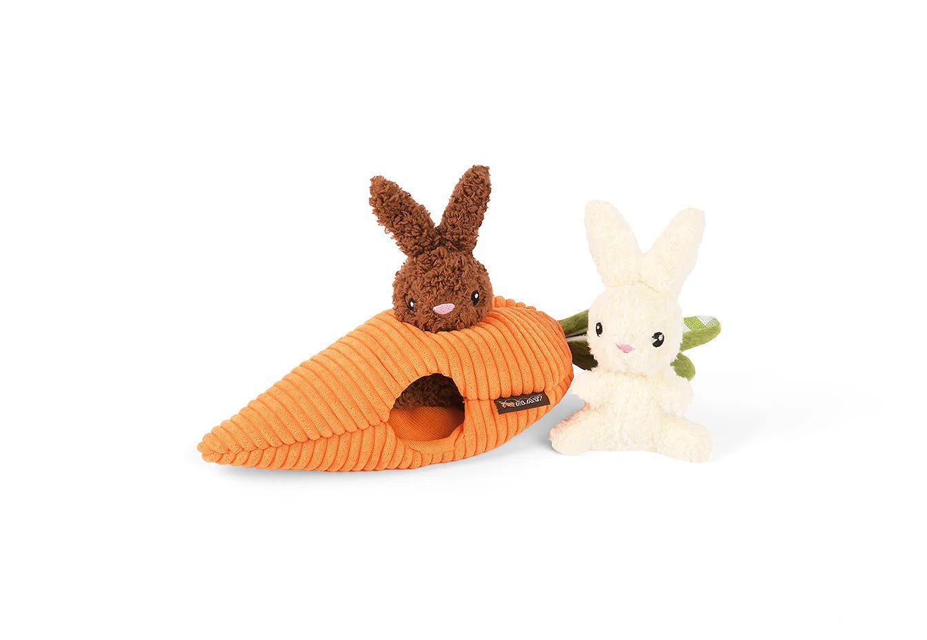 Carrot-shaped pet toy with a brown bunny and white rabbit on a white background