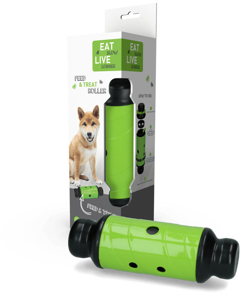 Green and black roller with packaging featuring a dog on a white background