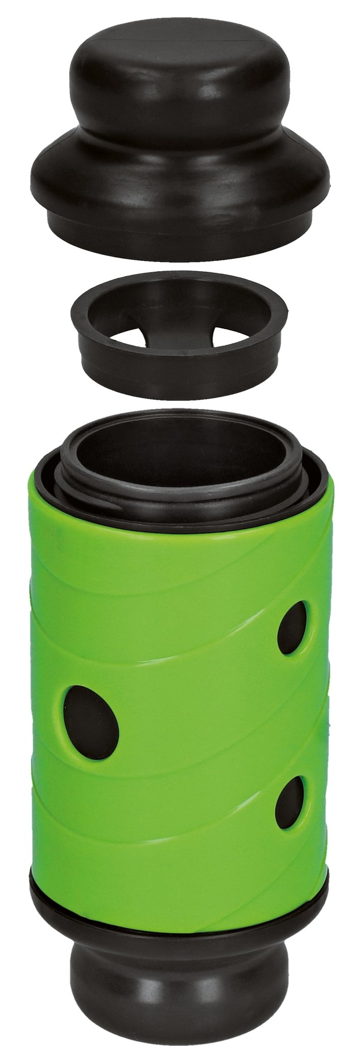 Green and black cylindrical object with various components on a white background