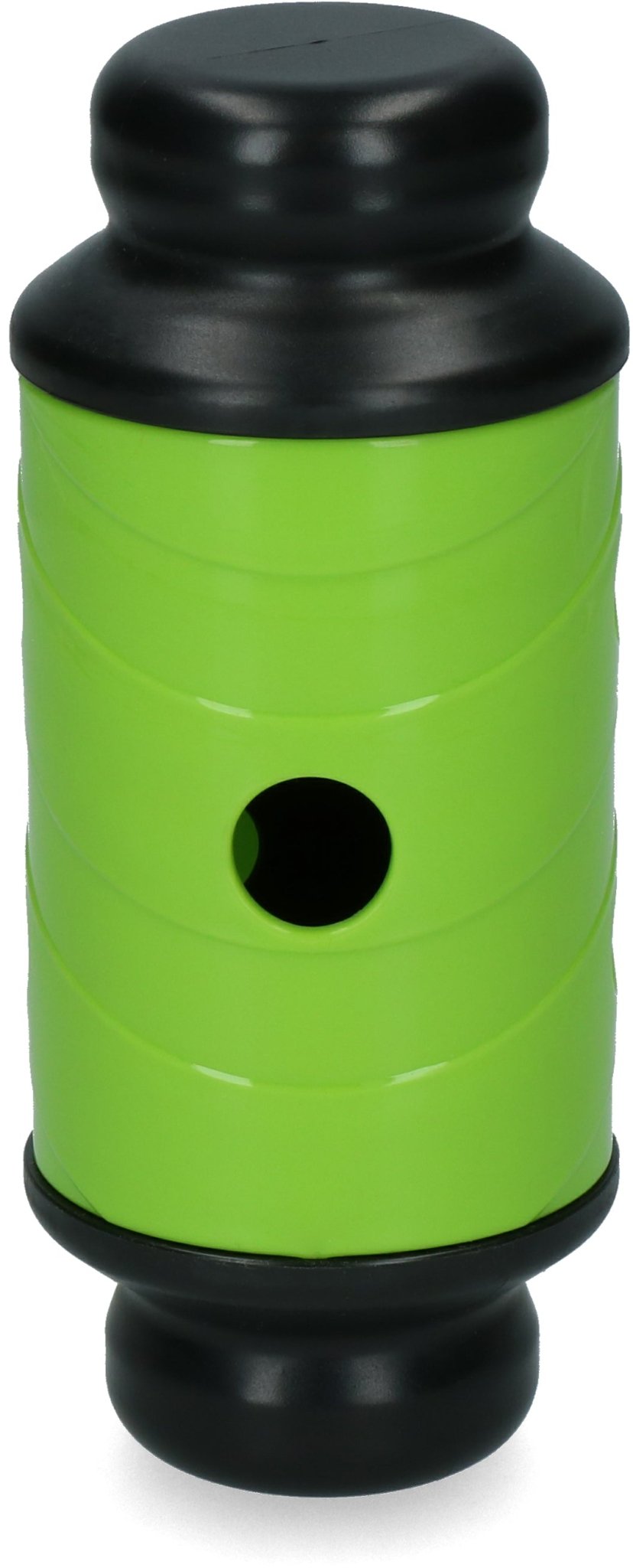 Green cylindrical object with black top and bottom on a white background