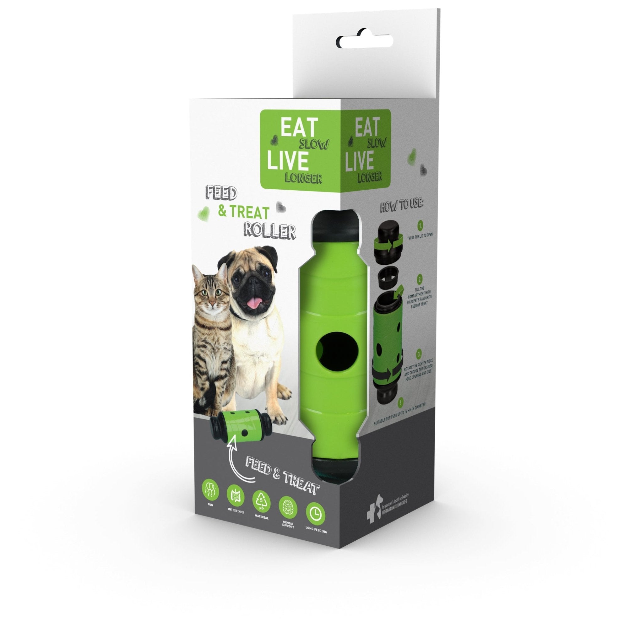 Green roller for cats and dogs with packaging on a white background