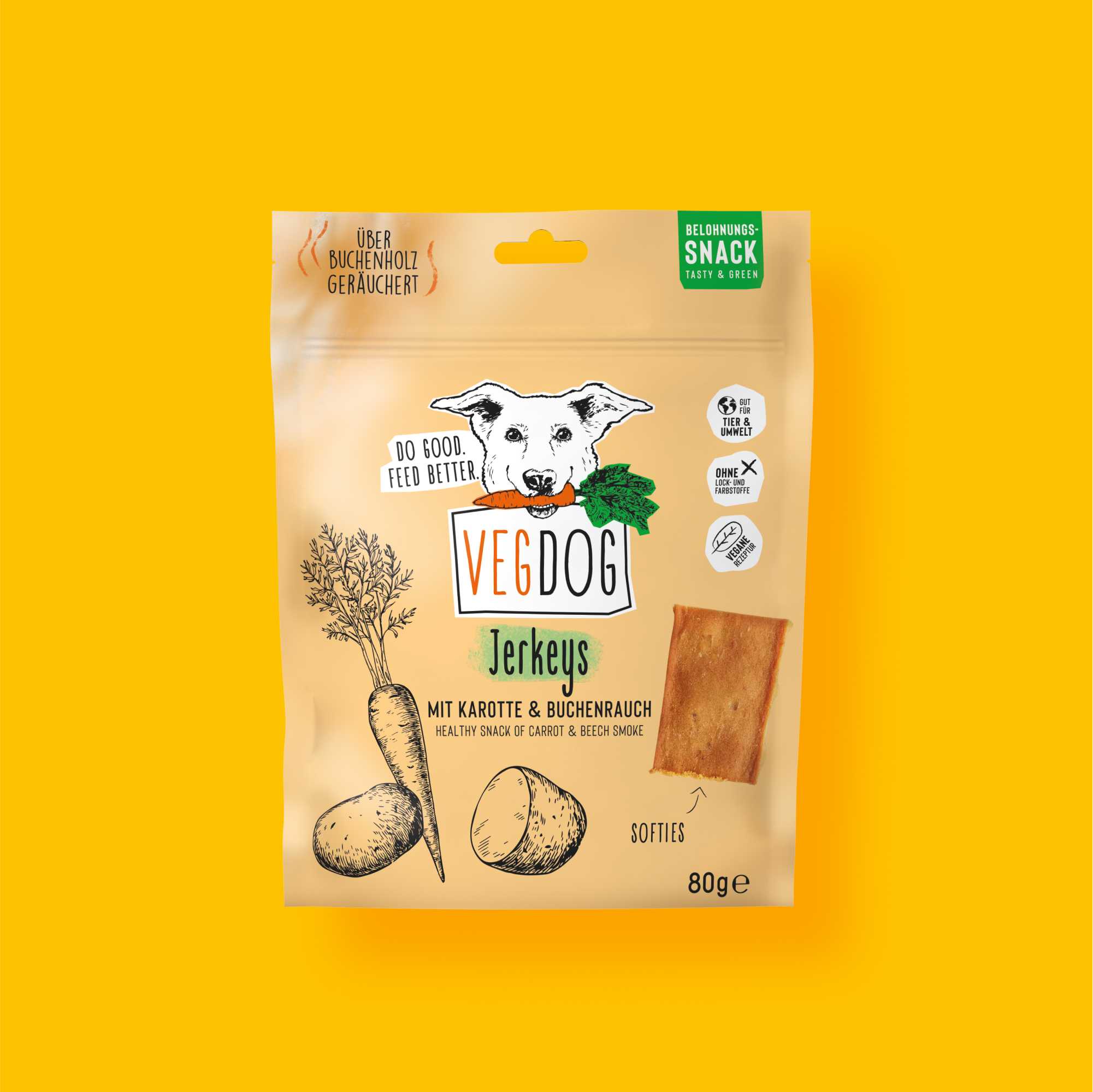 VegDog jerkeys packaging on a yellow background