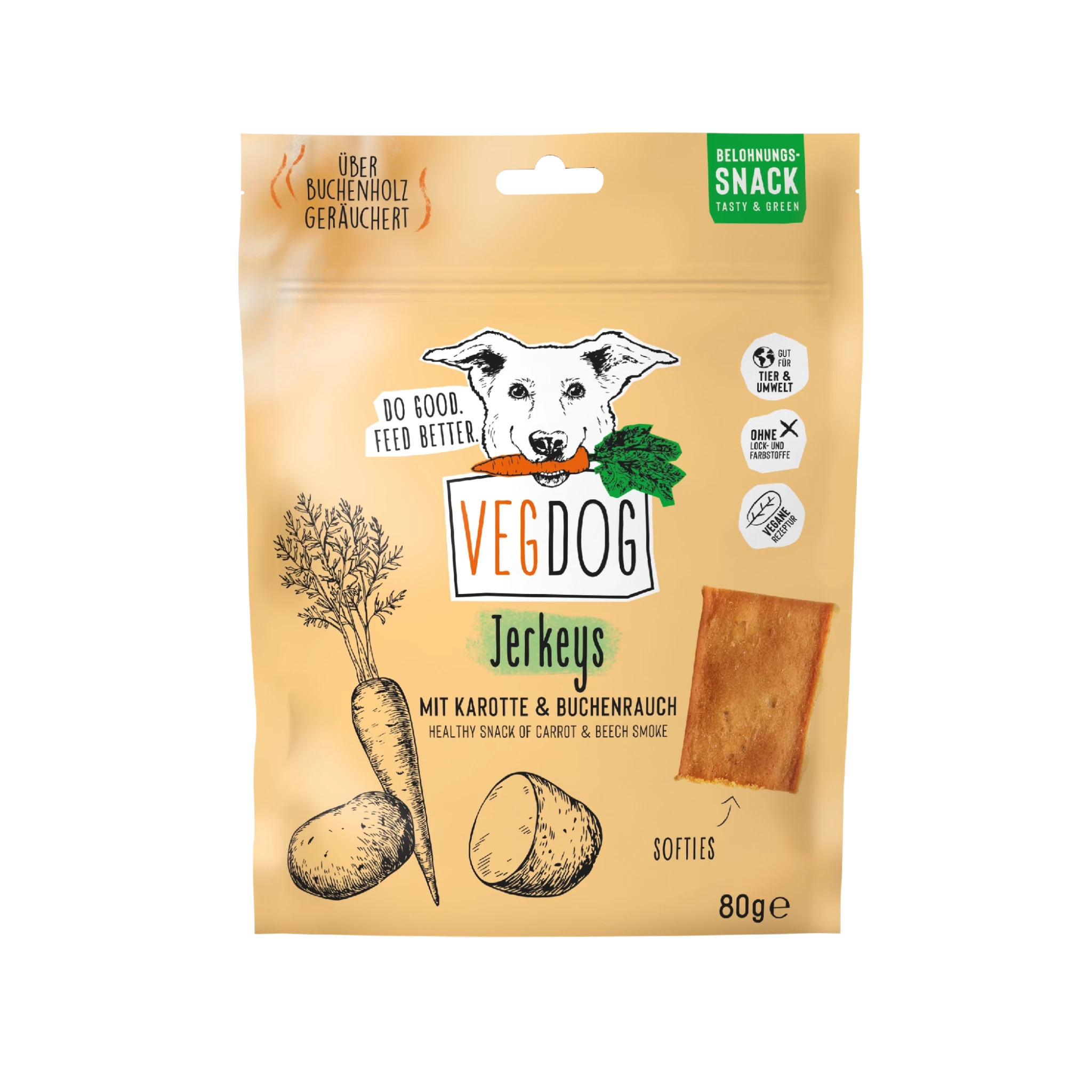 VegDog jerkeys packaging with a dog illustration and carrot on a beige background