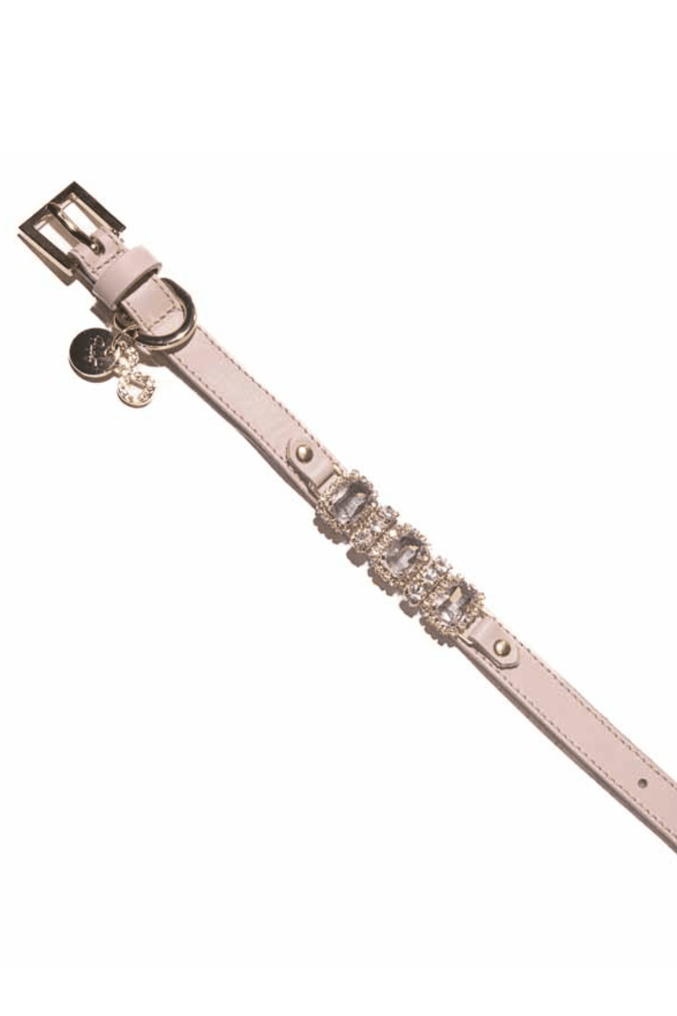 Pink dog collar with decorative elements on a white background