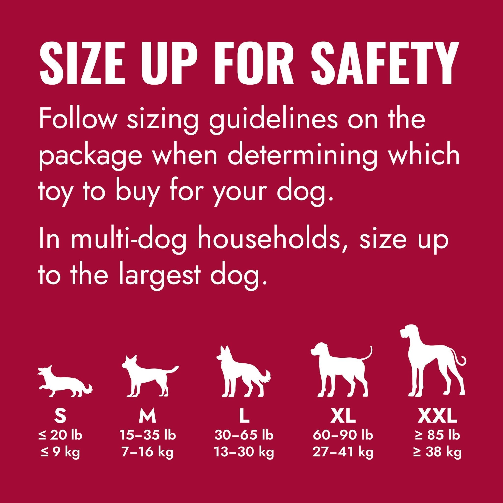 Dog toy sizing chart on a red background with text advising on safety and appropriate sizing.