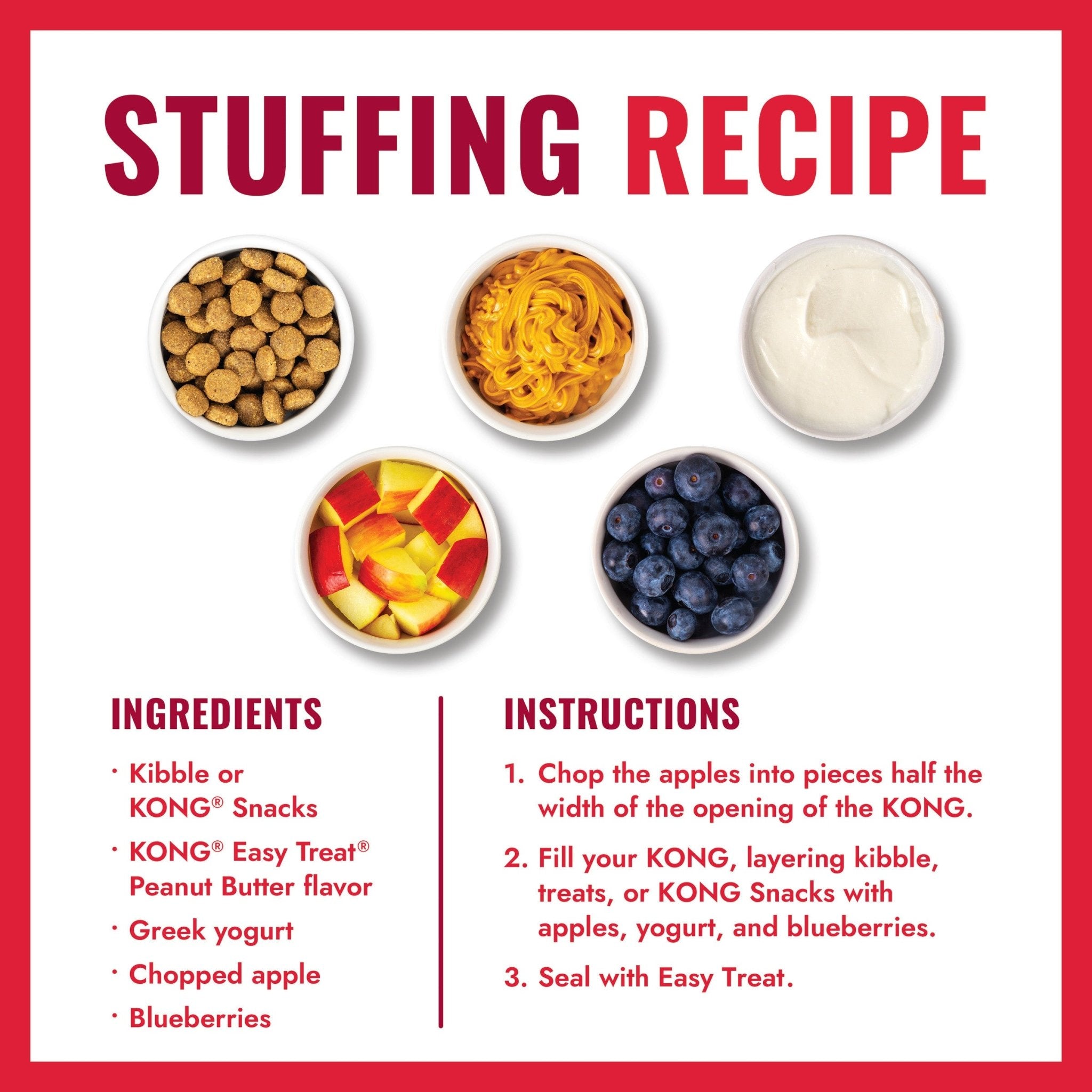 Recipe card for dog food stuffing with ingredients and instructions.