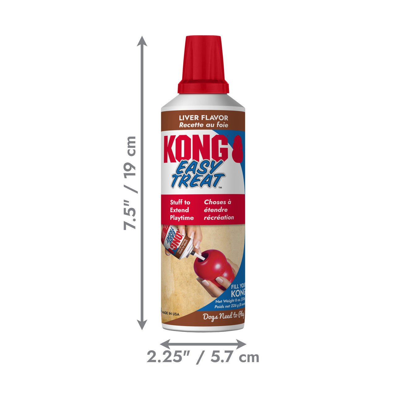 Kong Easy Treat can with dimensions labeled on a white background