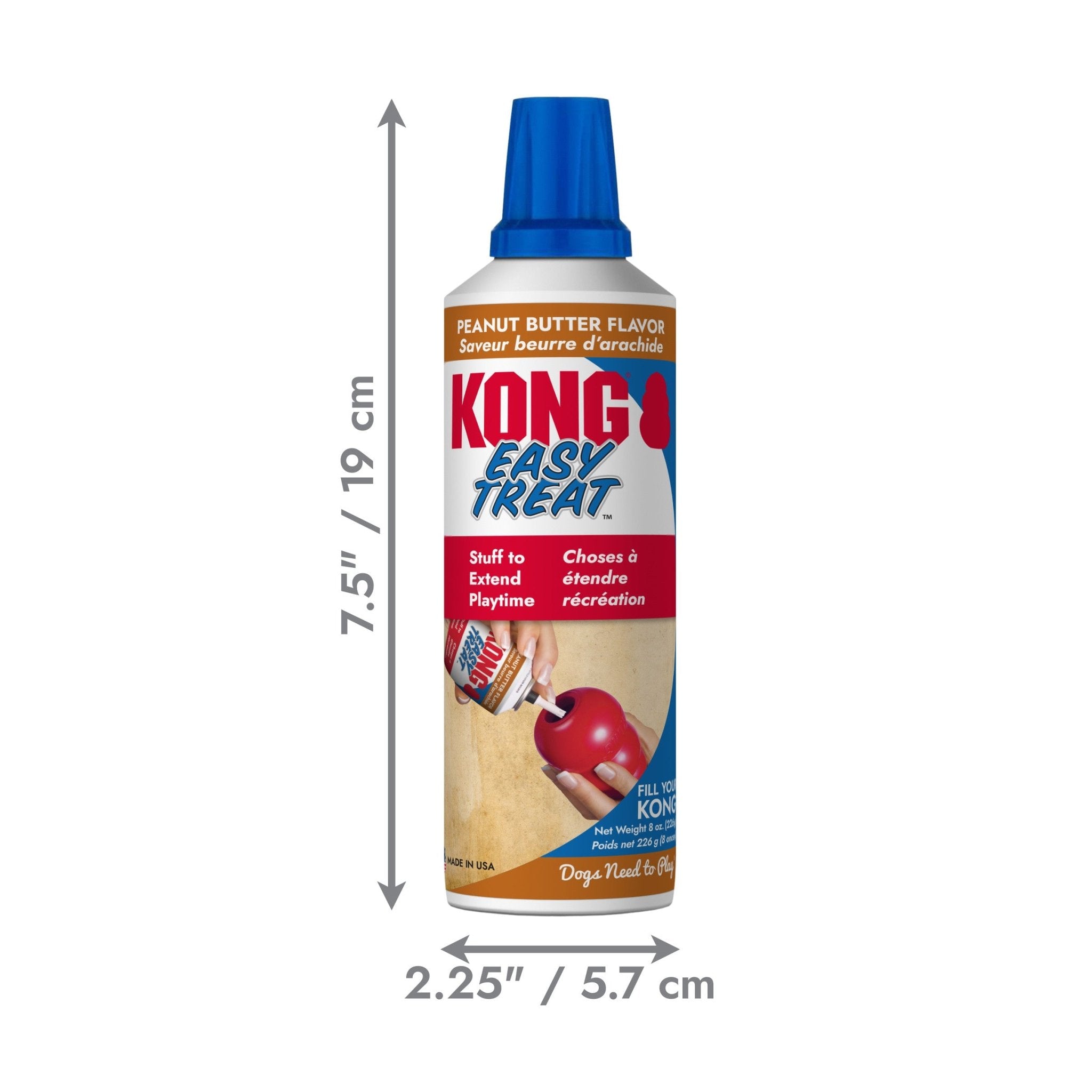 Kong Easy Treat dog toy packaging with dimensions on a white background