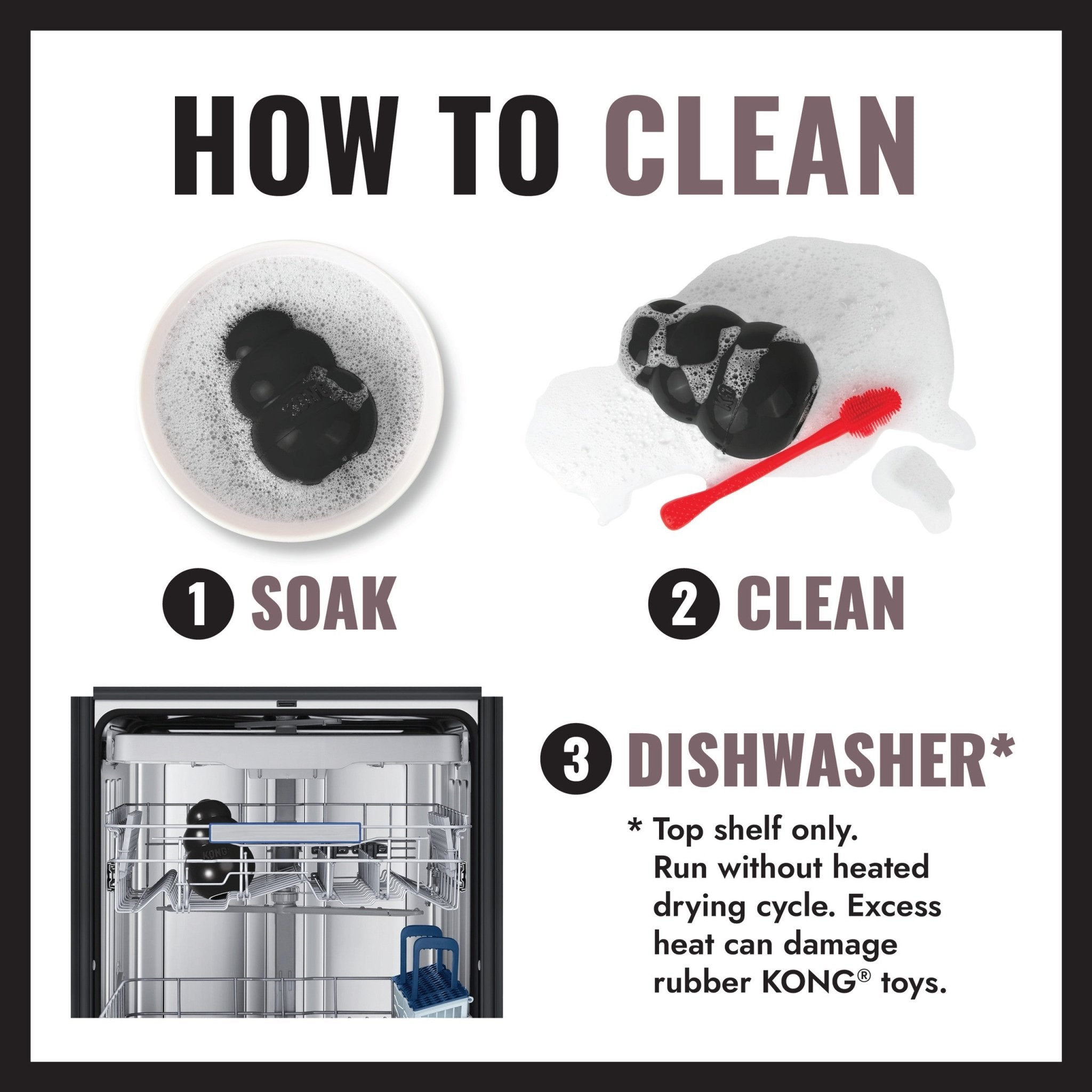 Instructions on how to clean KONG toys with images and text.