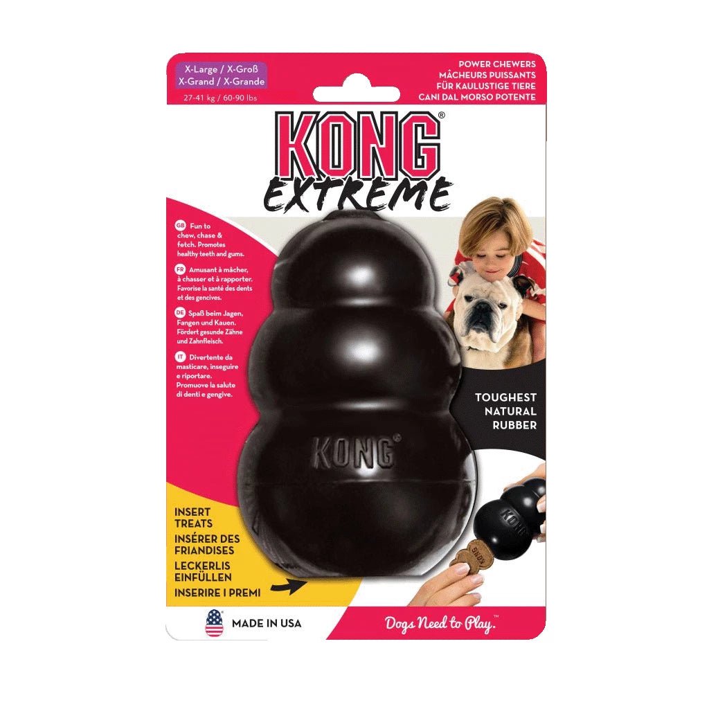 Kong Extreme dog toy packaging with a black toy and colorful text on a white background