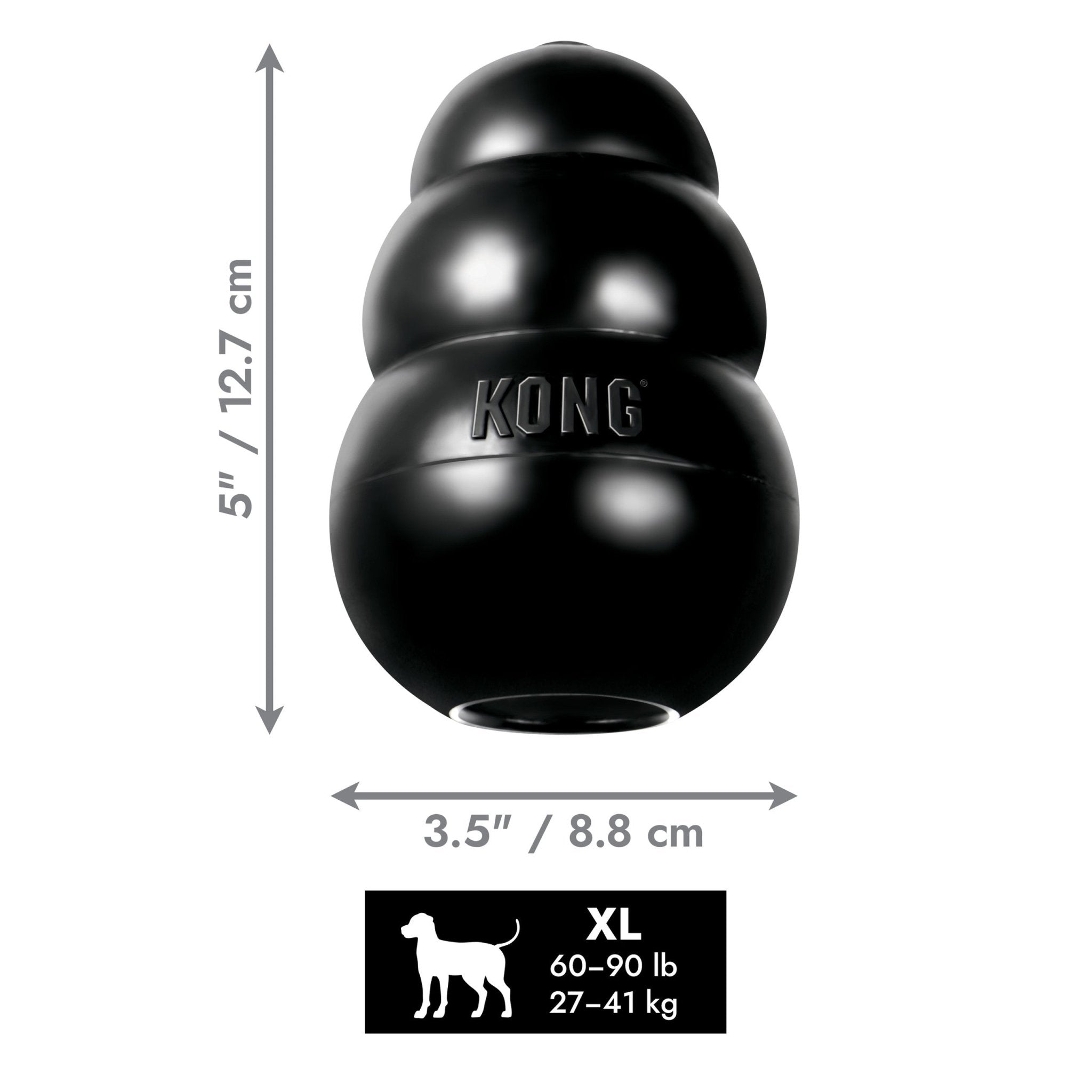 Black KONG dog toy with measurements and size guide on a white background