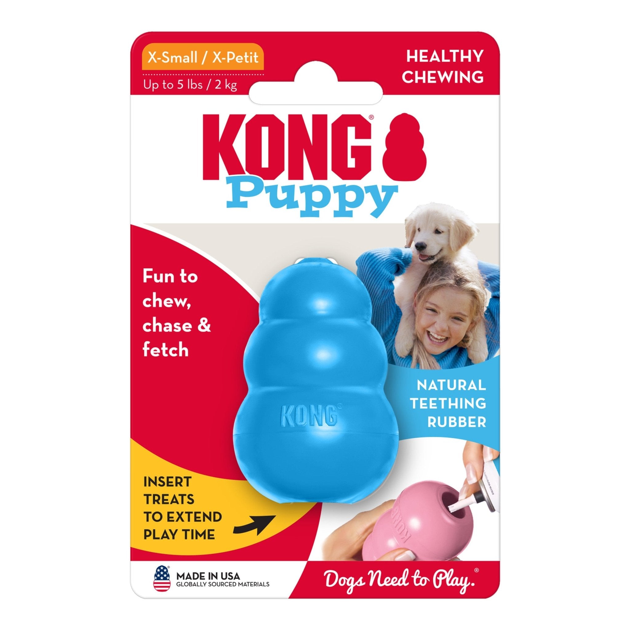 KONG Puppy dog toy packaging with blue toy and text on a white background