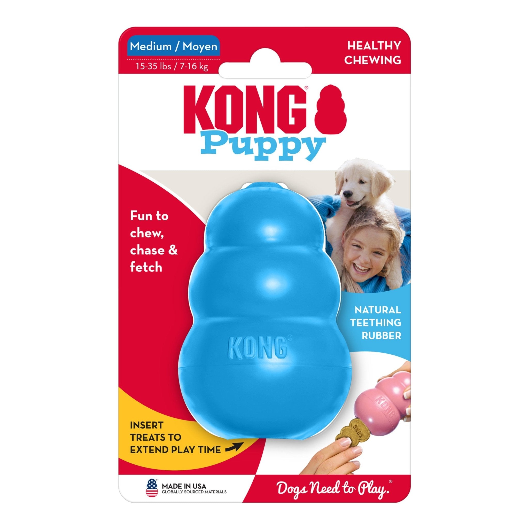 KONG Puppy dog toy packaging with blue toy and red and white label.