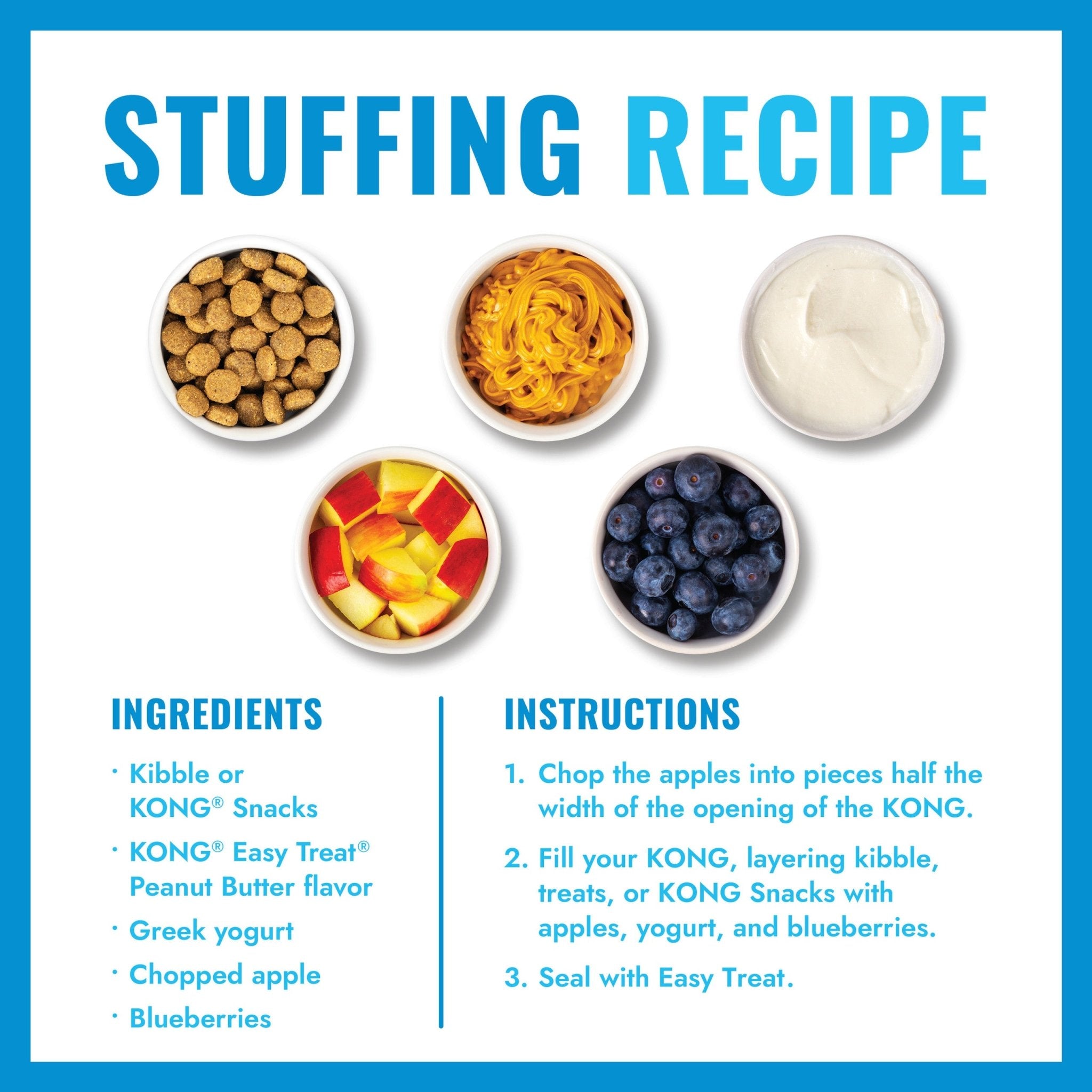 Recipe card for stuffing with ingredients and instructions on a blue border