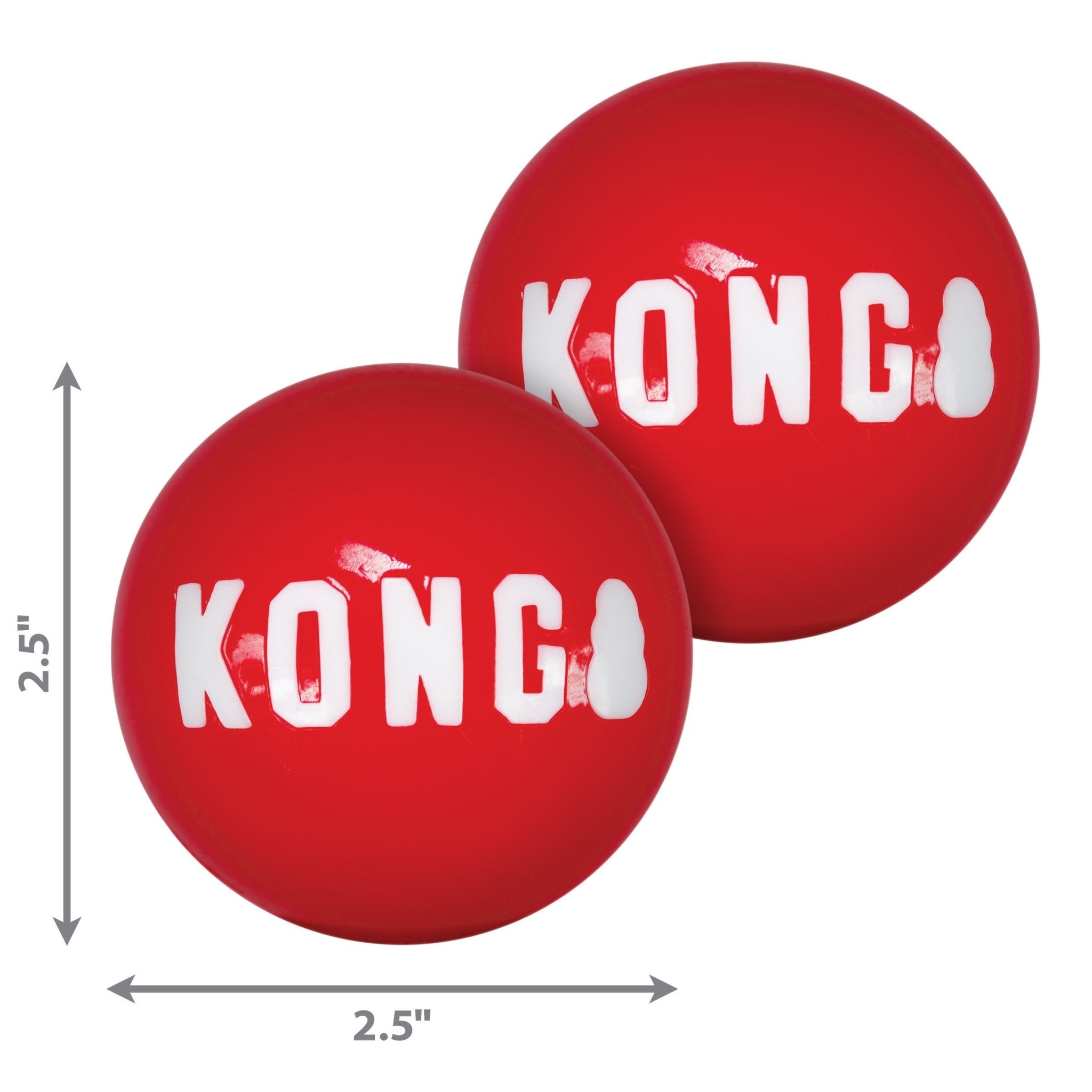 Two red KONG balls with white text on a white background, showing dimensions.