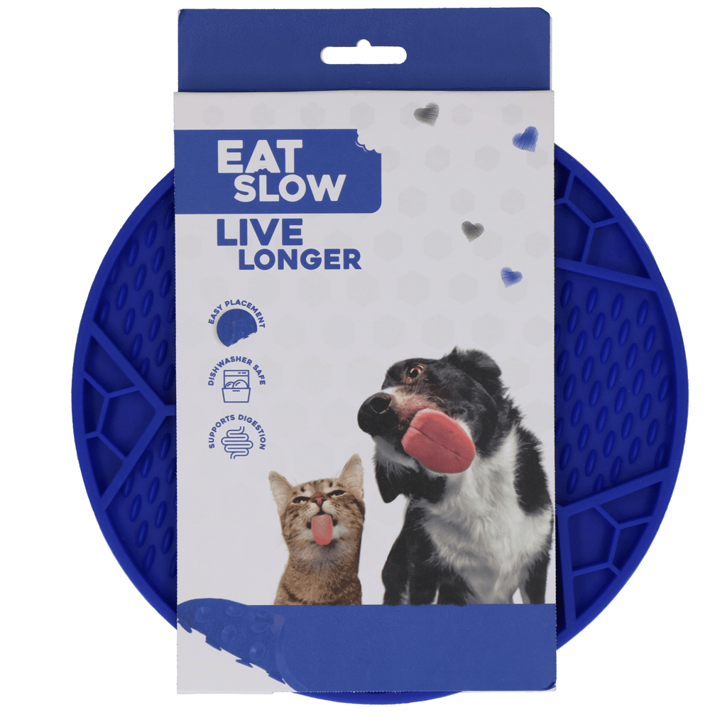Blue pet feeding mat with a dog and cat on the packaging, featuring the text &