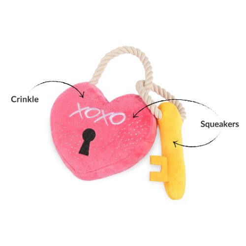 Heart-shaped pink dog toy with a key design, crinkle feature, and squeakers on a white background.