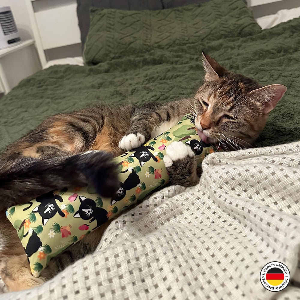 Cat playing with a pillow on a bed