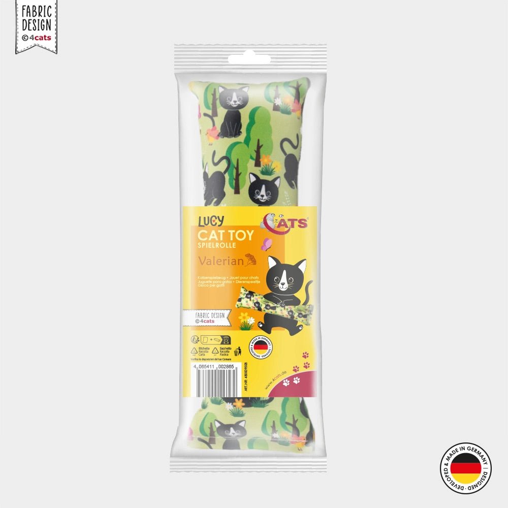 Cat toy packaging with brand logo and product details on a white background