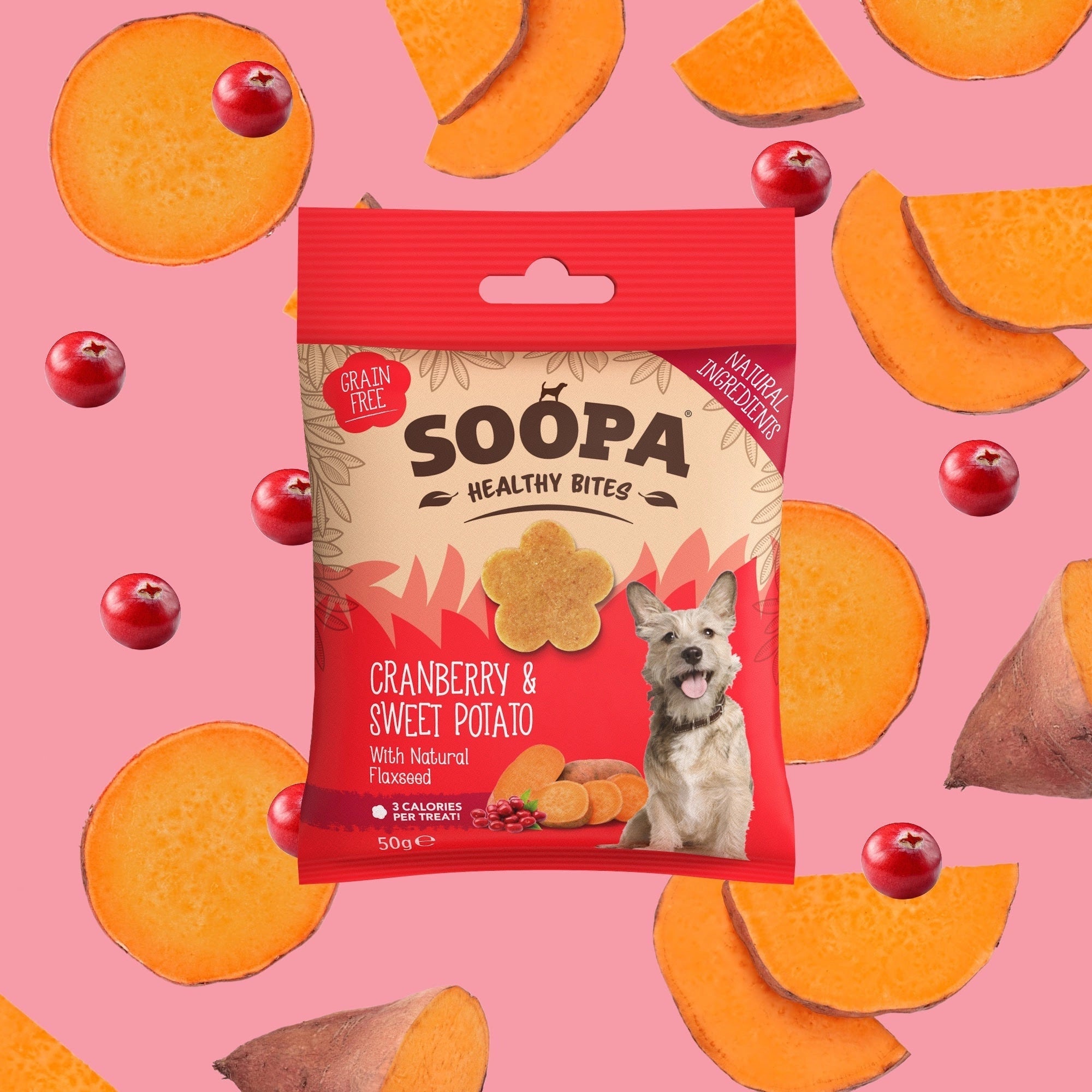 Soopa Healthy Bites dog treat package with cranberries and sweet potatoes on a pink background
