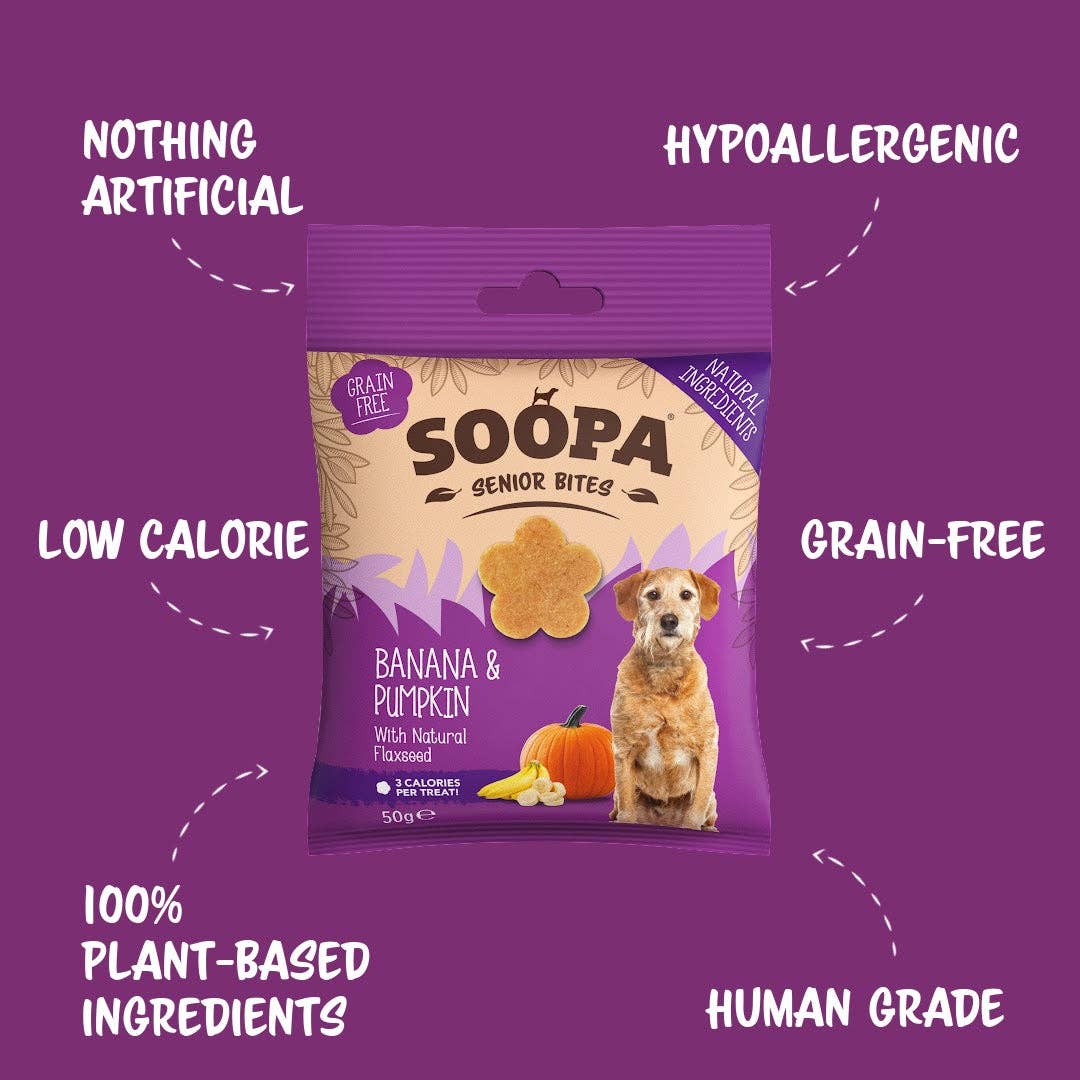 Naturliga Veganska Hälsosamma Bitar - Banan, Pumpa & Linfrö för Äldre Hundar - Dela Glada Kläder