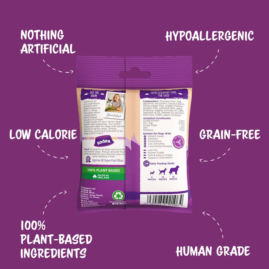 Naturliga Veganska Hälsosamma Bitar - Banan, Pumpa & Linfrö för Äldre Hundar - Dela Glada Kläder