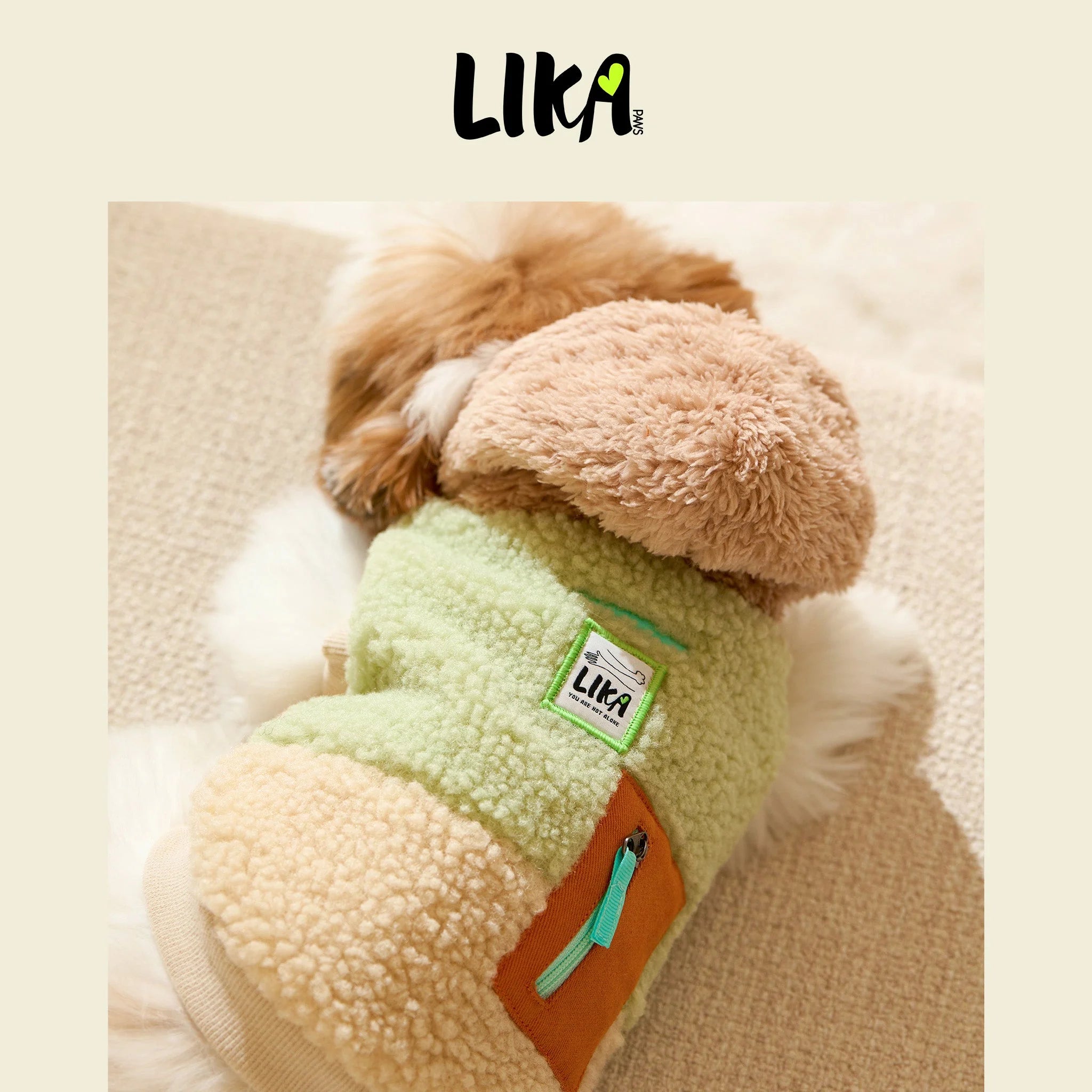 Plush toy with a Lika label on a beige background