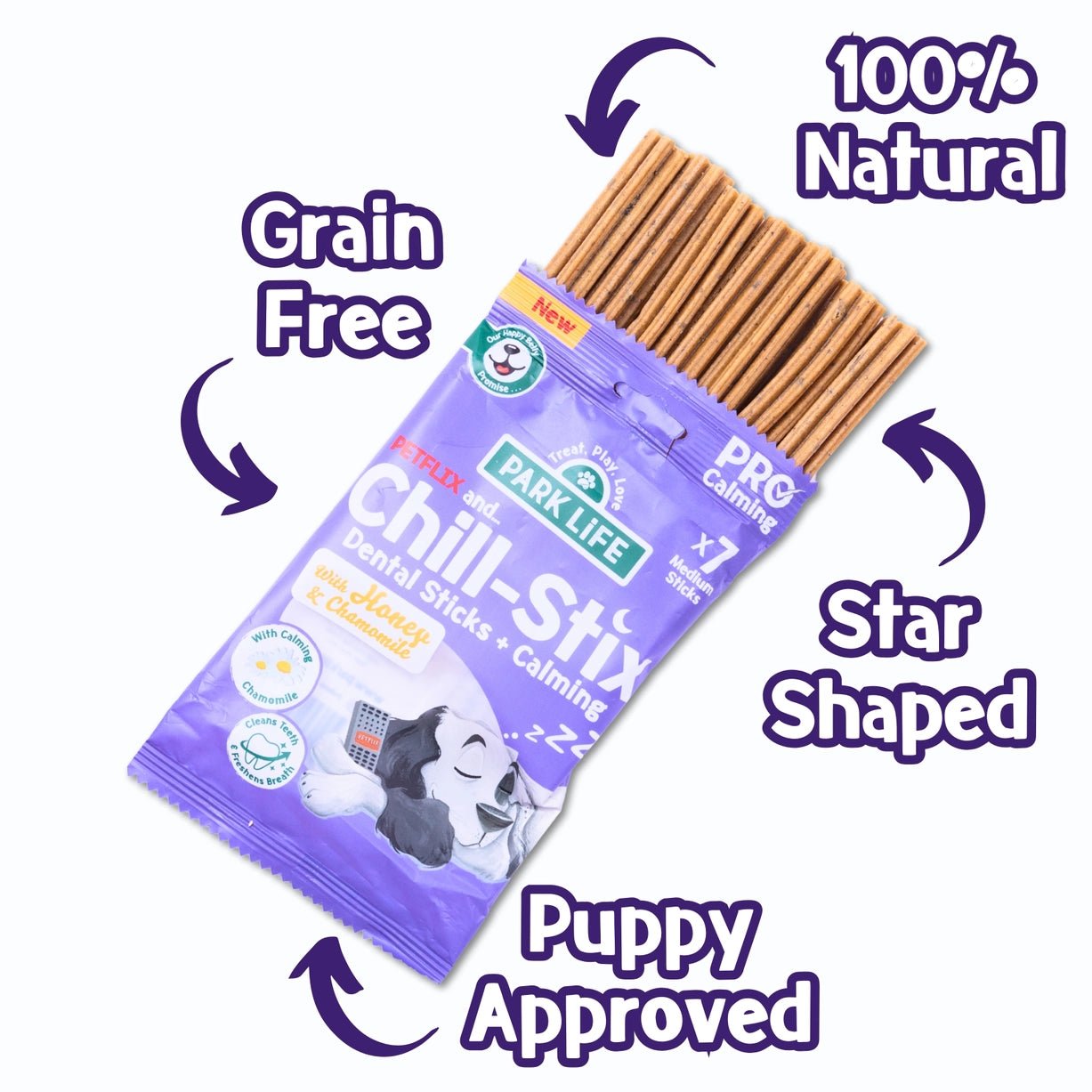 Park Life Chill-Stix Calming Dental Sticks for Dogs | Honey & Chamomile | Grain Free, 100% Natural | 7 Sticks | 180g - Share Happy Outfits