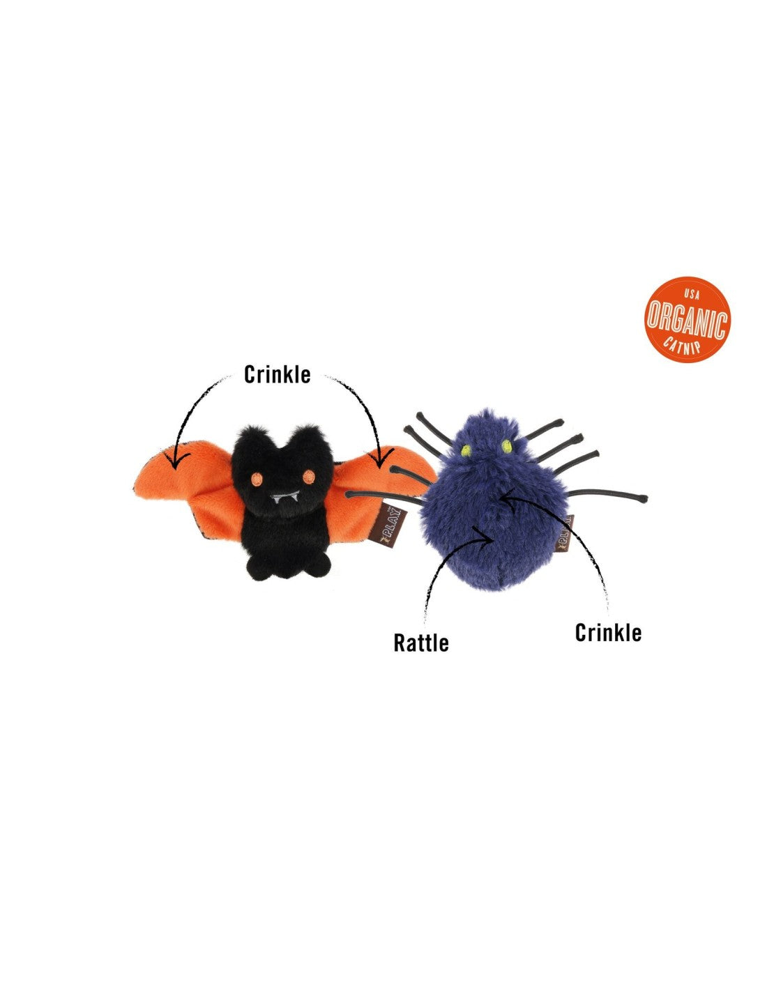 Two plush Halloween cat toys on a white background: a black bat toy with orange wings labeled &