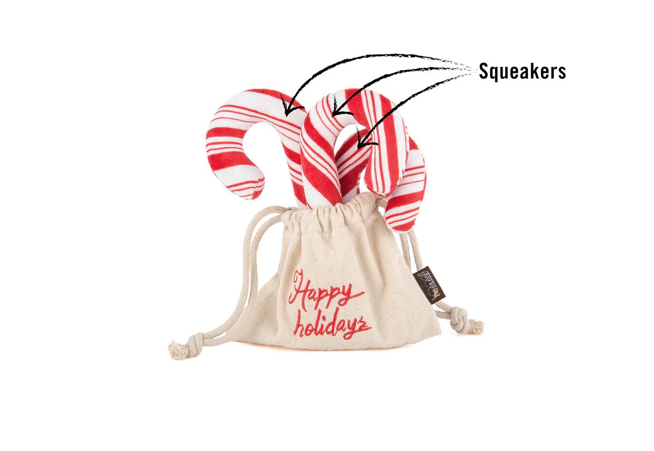 Red and white candy cane-shaped dog toy with squeakers and a &