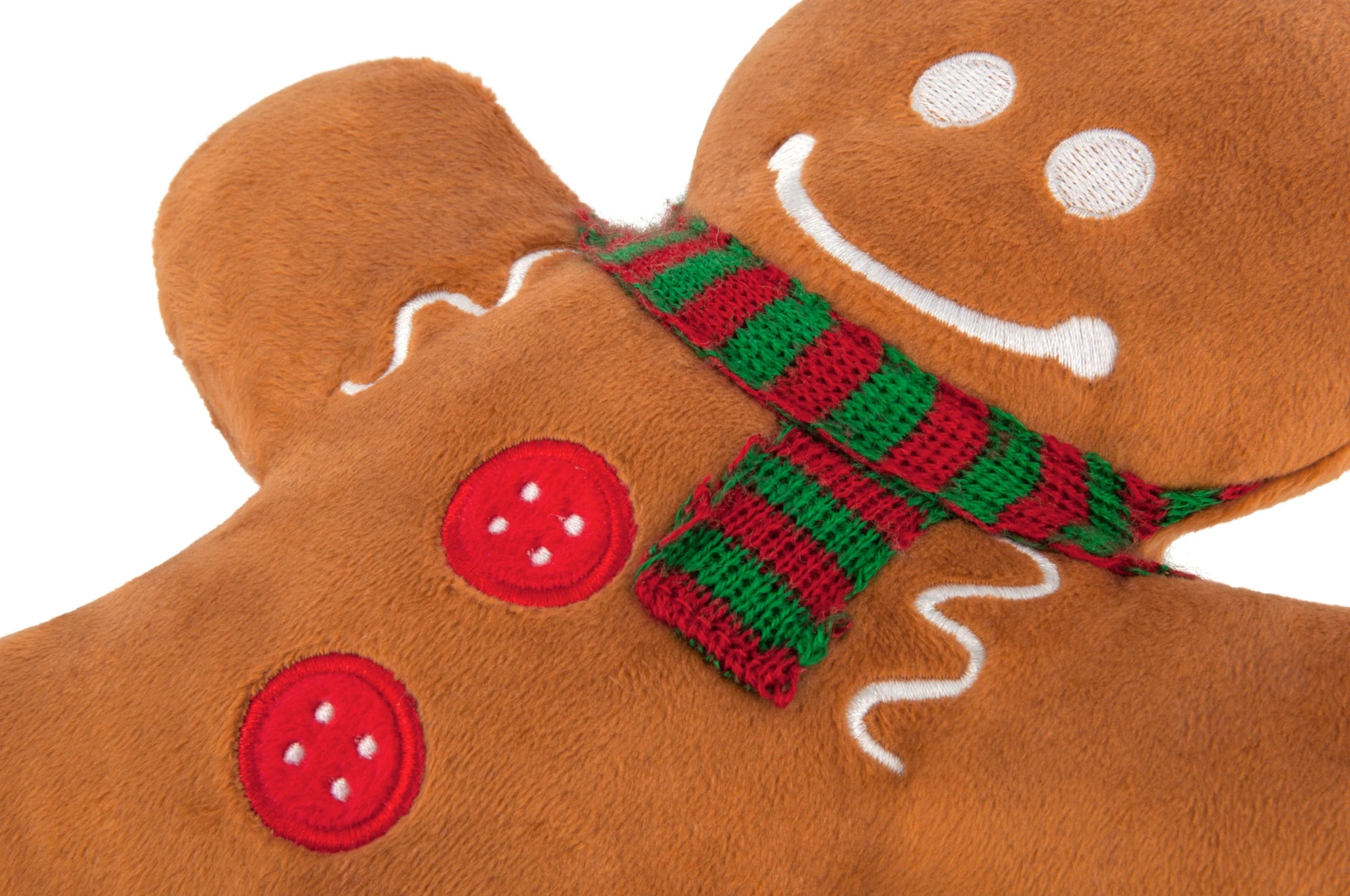 Gingerbread man plush toy with a red and green striped scarf on a white background
