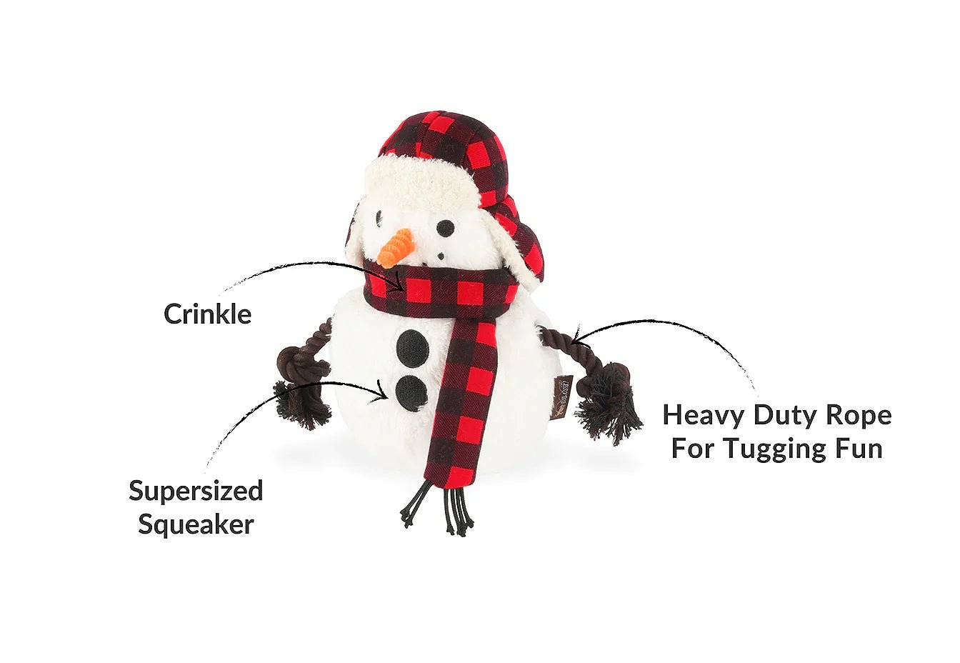 Dog toy shaped like a snowman with text highlighting features on a white background