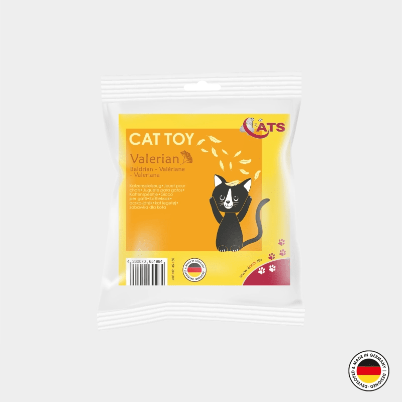 Packaged cat toy with a yellow label featuring a cartoon cat on a white background