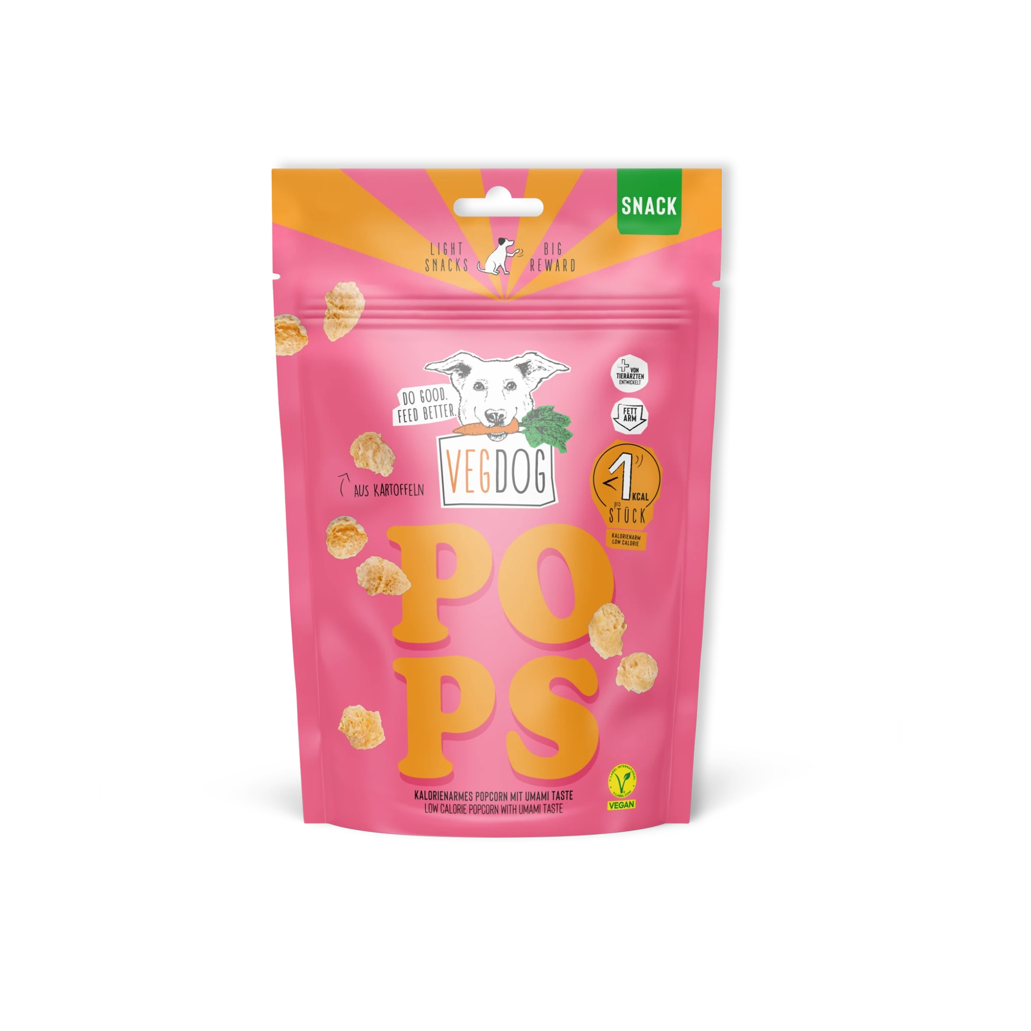 Pink package of VegDog Pops snacks on a white background