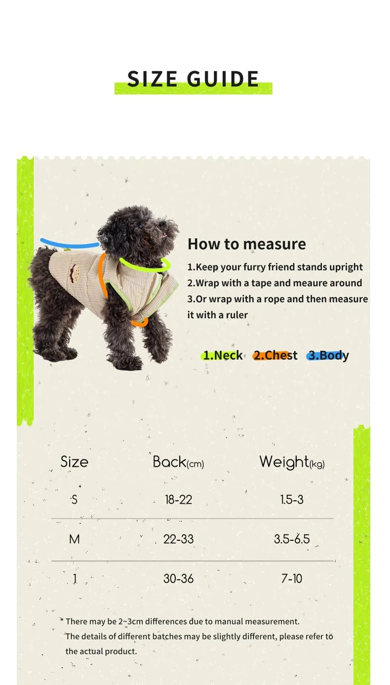 Size guide for a dog with measurements and how-to-measure instructions.