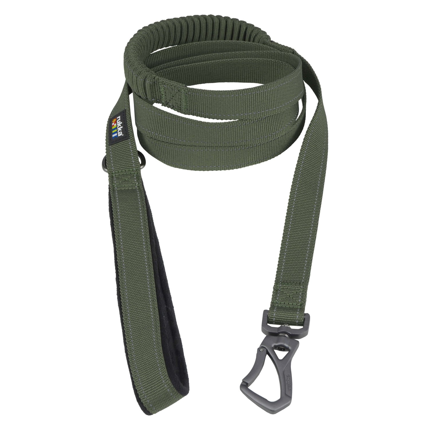 Green dog leash with a metal clip on a white background