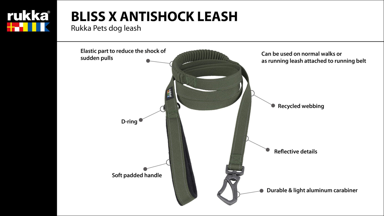 Rukka Bliss X Antishock Leash with features highlighted on a white background