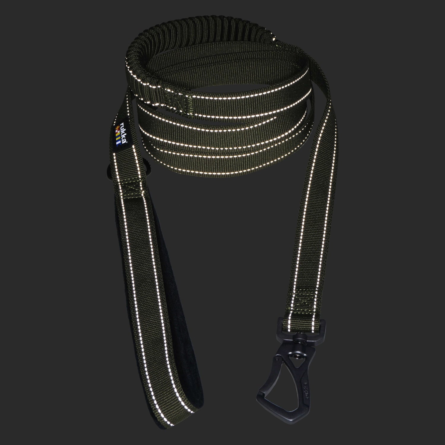 Reflective dog leash with black clip on a dark background