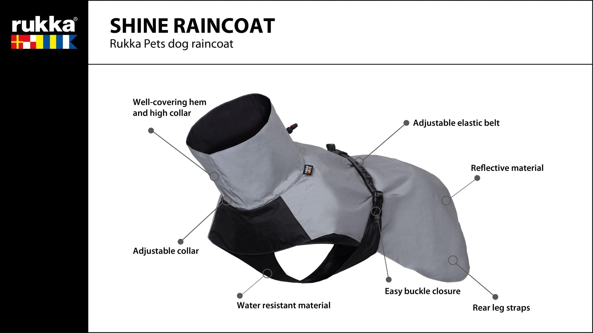 Rukka Pets dog raincoat with features highlighted on a white background