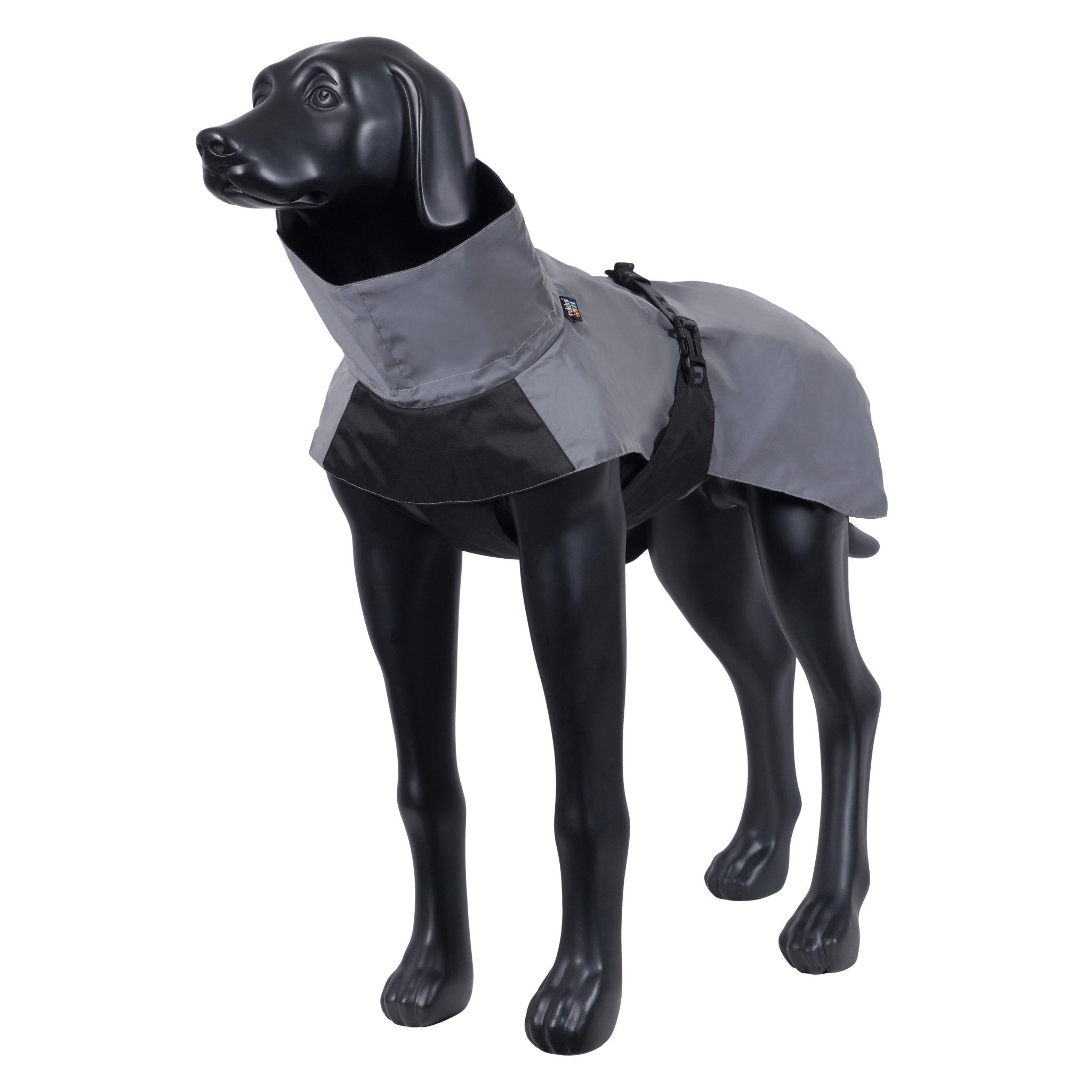 Gray and black dog coat on a mannequin against a white background