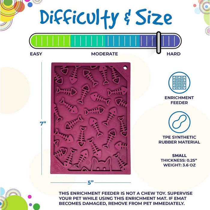 Enrichment feeder with difficulty and size rating on a colorful background