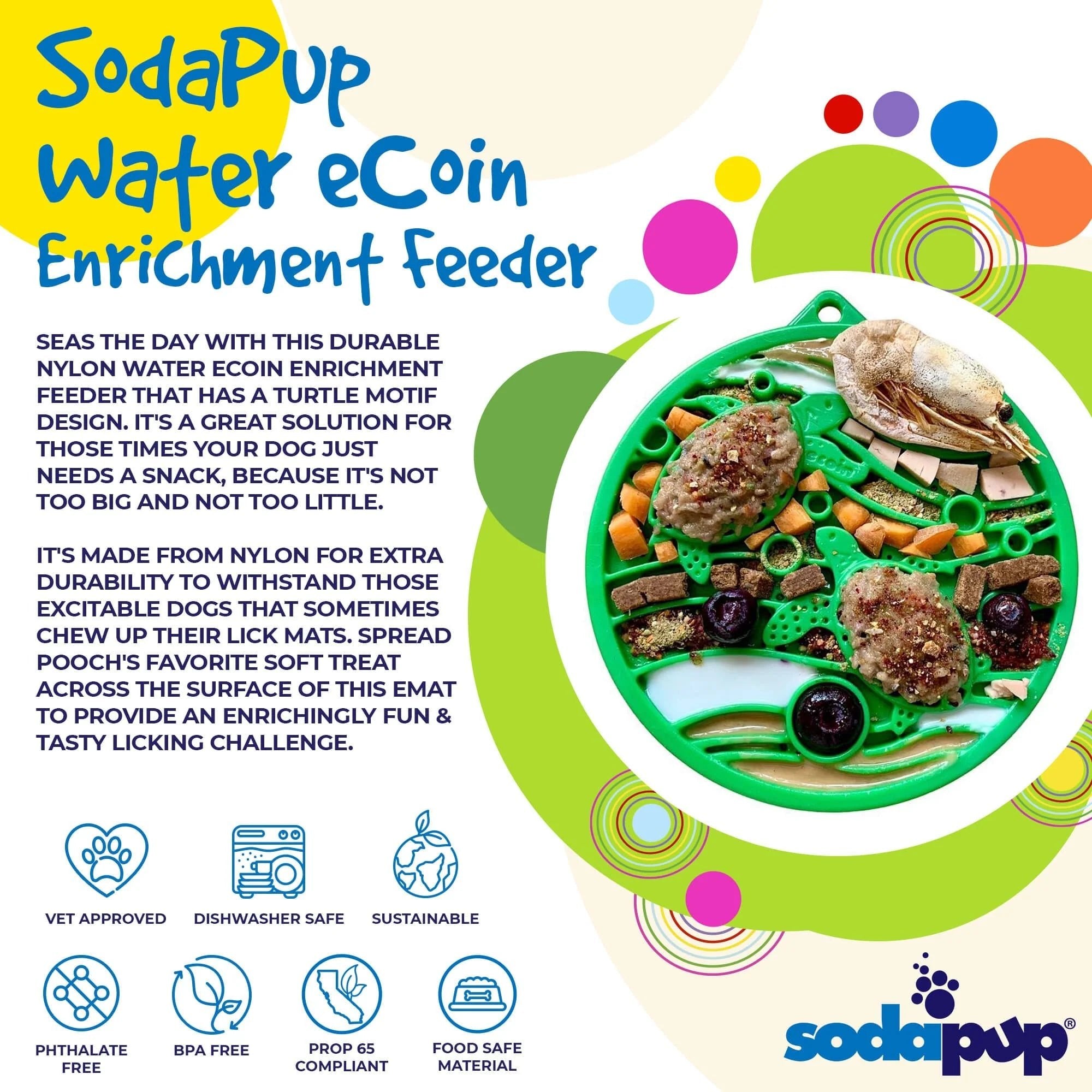 SodaPup Water eCoin Enrichment Feeder with product details on a colorful background