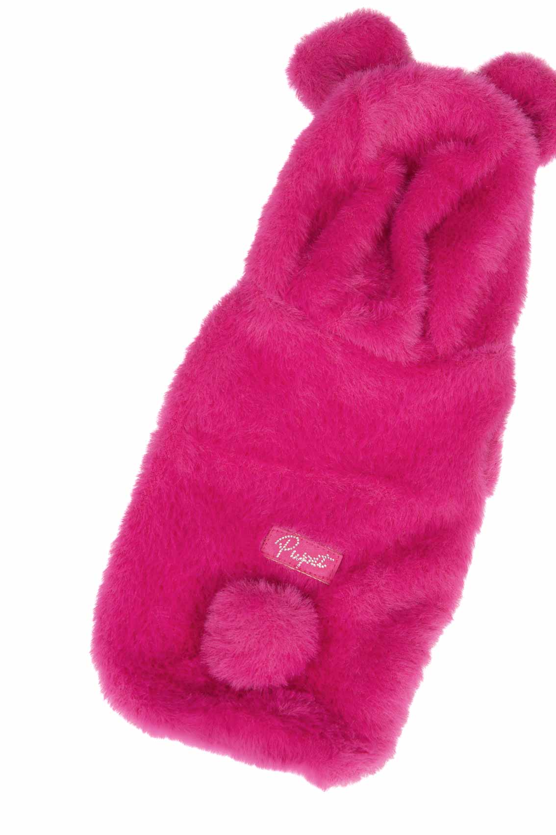 Pink fuzzy dog coat with bear ears and tail on a white background
